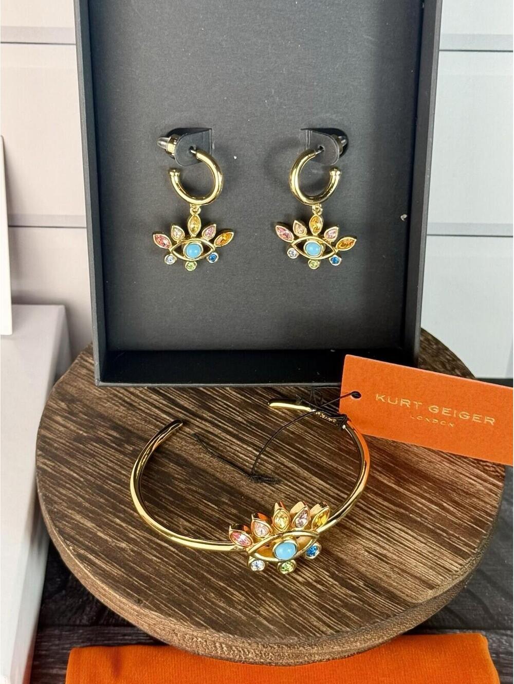NEW Kurt Geiger Rainbow Crystal Evil Eye Cuff Bracelet & Drop Huggie Earrings